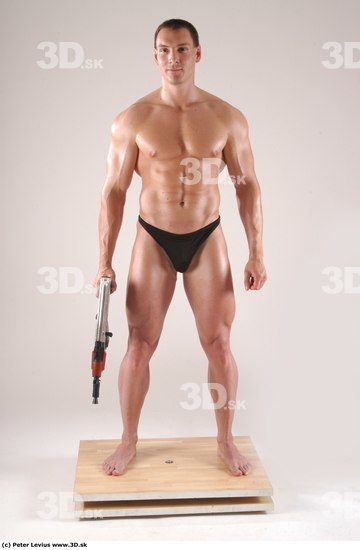 Whole Body Man Pose with machine rifle White Underwear Muscular