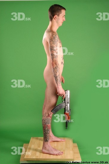 Whole Body Man Pose with pistol White Tattoo Nude Underweight Male Studio Poses