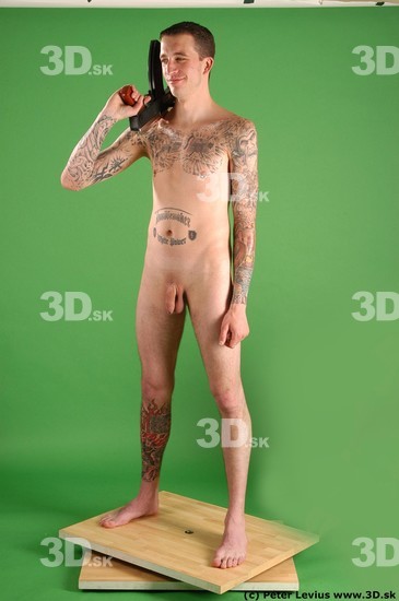 Whole Body Man Pose with pistol White Tattoo Nude Underweight Male Studio Poses