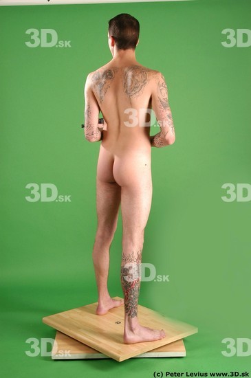 Whole Body Man Pose with pistol White Tattoo Nude Underweight Male Studio Poses