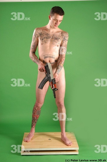 Whole Body Man Pose with pistol White Tattoo Nude Underweight Male Studio Poses