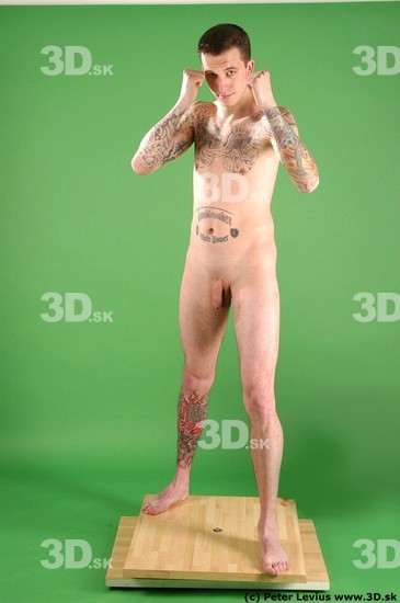 Whole Body Man Pose with pistol White Tattoo Nude Underweight Male Studio Poses