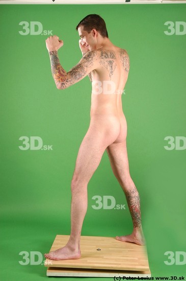 Whole Body Man Pose with pistol White Tattoo Nude Underweight Male Studio Poses