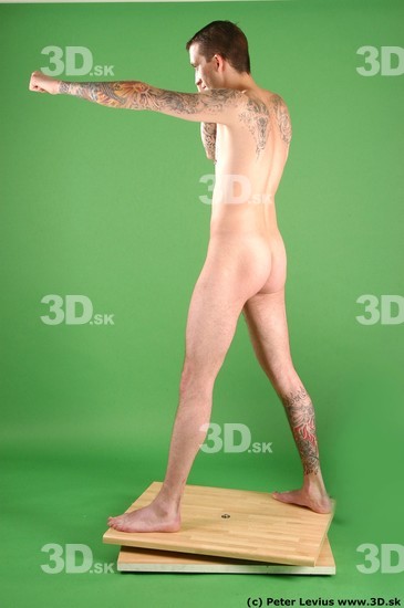 Whole Body Man Pose with pistol White Tattoo Nude Underweight Male Studio Poses