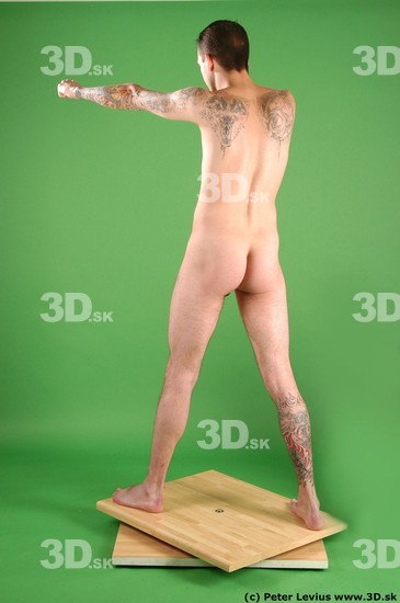 Whole Body Man Pose with pistol White Tattoo Nude Underweight Male Studio Poses