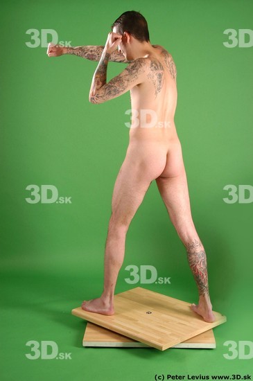 Whole Body Man Pose with pistol White Tattoo Nude Underweight Male Studio Poses