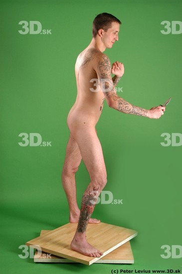 Whole Body Man Pose with pistol White Tattoo Nude Underweight Male Studio Poses