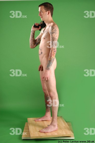 Whole Body Man Pose with pistol White Tattoo Nude Underweight Male Studio Poses