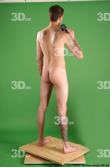 Whole Body Man Pose with pistol White Tattoo Nude Underweight Male Studio Poses