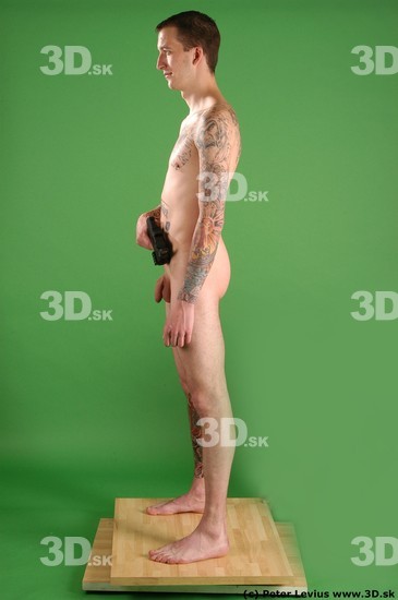 Whole Body Man Pose with pistol White Tattoo Nude Underweight Male Studio Poses