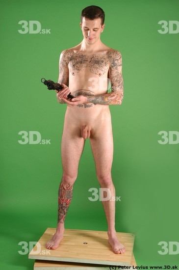 Whole Body Man Pose with pistol White Tattoo Nude Underweight Male Studio Poses