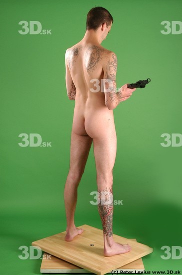 Whole Body Man Pose with pistol White Tattoo Nude Underweight Male Studio Poses