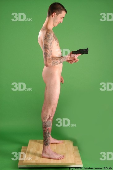 Whole Body Man Pose with pistol White Tattoo Nude Underweight Male Studio Poses