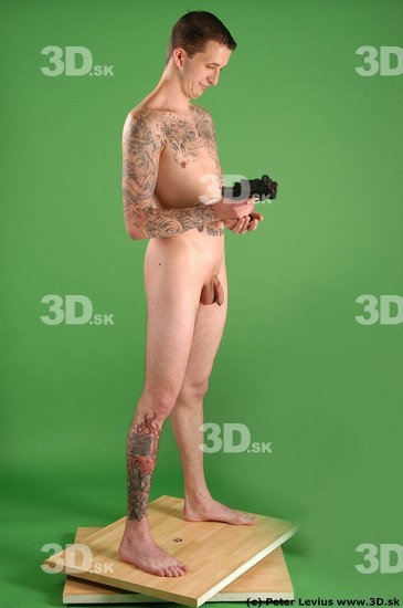 Whole Body Man Pose with pistol White Tattoo Nude Underweight Male Studio Poses