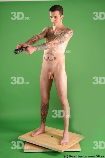 Whole Body Man Pose with pistol White Tattoo Nude Underweight Male Studio Poses