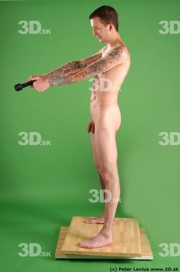 Whole Body Man Pose with pistol White Tattoo Nude Underweight Male Studio Poses