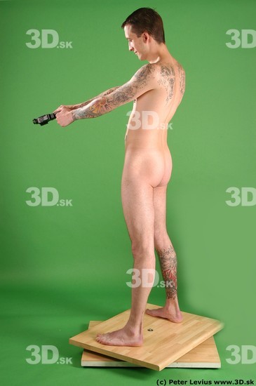 Whole Body Man Pose with pistol White Tattoo Nude Underweight Male Studio Poses