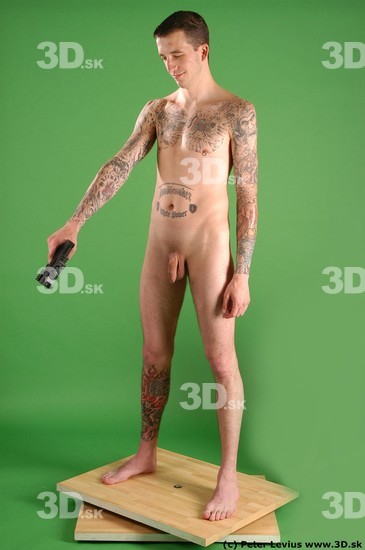 Whole Body Man Pose with pistol White Tattoo Nude Underweight Male Studio Poses