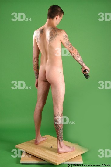 Whole Body Man Pose with pistol White Tattoo Nude Underweight Male Studio Poses