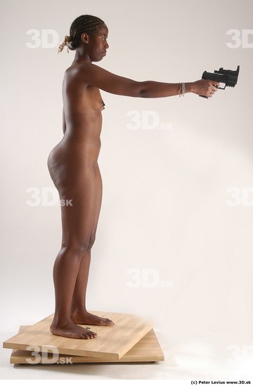 Whole Body Woman Pose with pistol Pose with sword Black Nude Athletic Studio photo references