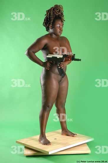 Whole Body Woman Pose with machine rifle Pose with sword Black Nude Slim Chubby Walking Studio photo references