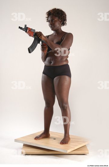 Whole Body Woman Pose with machine rifle Black Underwear Chubby