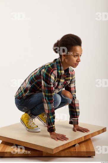 Man Woman Black Hairy Casual Slim Kneeling Studio photo references