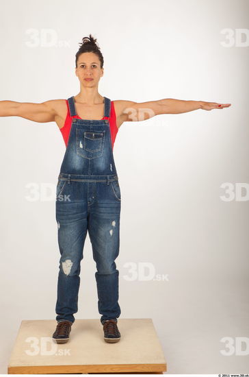 Whole body modeling pose blue jeans red singlet of Rebecca