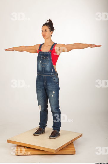 Whole body modeling pose blue jeans red singlet of Rebecca