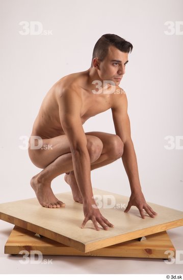 Whole Body Man White Nude Slim Kneeling Studio photo references