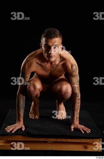 Whole Body Man White Tattoo Nude Athletic Kneeling Studio photo references