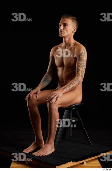 Whole Body Man White Tattoo Nude Athletic Sitting Studio photo references
