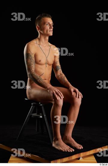 Whole Body Man White Tattoo Nude Athletic Sitting Studio photo references