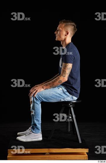 Whole Body Man White Shirt Jeans Athletic Sitting Studio photo references