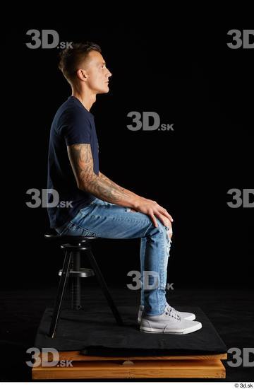 Whole Body Man White Shirt Jeans Athletic Sitting Studio photo references