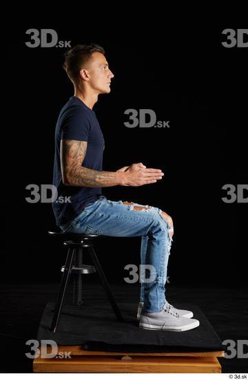 Whole Body Man White Shirt Jeans Athletic Sitting Studio photo references