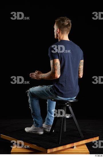 Whole Body Man White Shirt Jeans Athletic Sitting Studio photo references