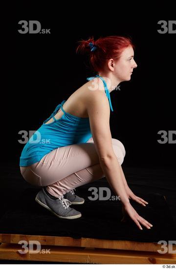 Whole Body Woman White Jeans Slim Kneeling Top Studio photo references