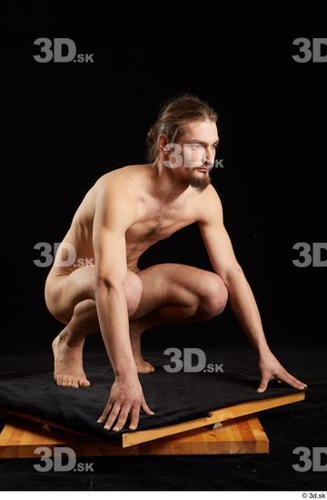 Whole Body Man White Nude Slim Kneeling Studio photo references