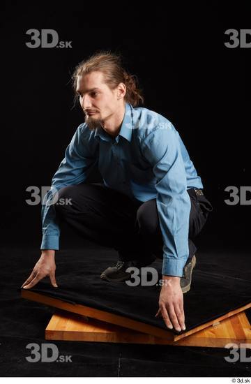 Whole Body Man White Shoes Shirt Trousers Slim Kneeling Studio photo references