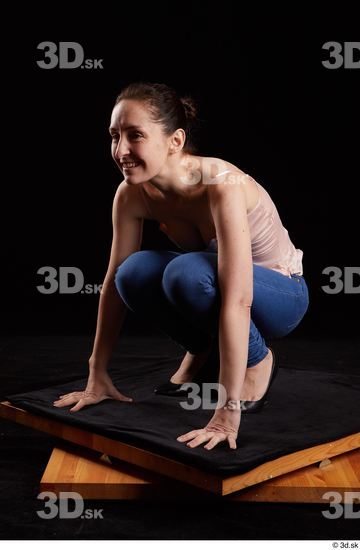 Whole Body Woman White Jeans Average Kneeling Top Studio photo references