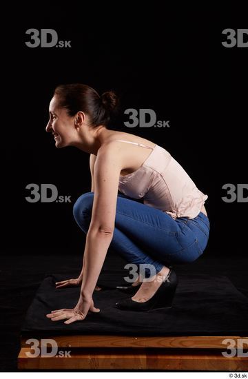 Whole Body Woman White Jeans Average Kneeling Top Studio photo references