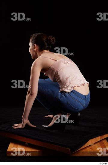 Whole Body Woman White Jeans Average Kneeling Top Studio photo references