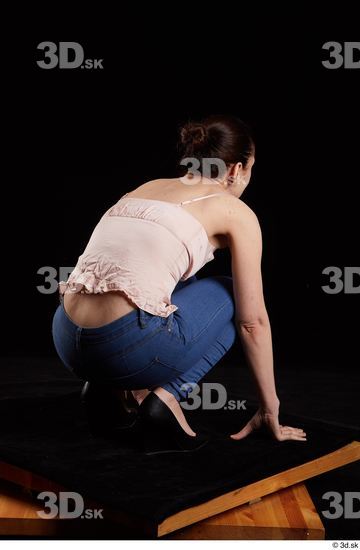 Whole Body Woman White Jeans Average Kneeling Top Studio photo references