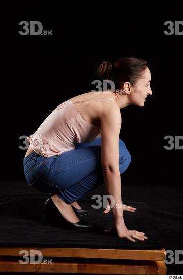 Whole Body Woman White Jeans Average Kneeling Top Studio photo references