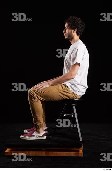 Whole Body Man White Shirt Trousers Slim Sitting Studio photo references