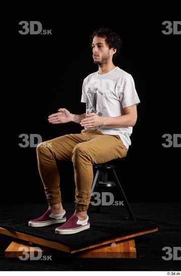 Whole Body Man White Shirt Trousers Slim Sitting Studio photo references