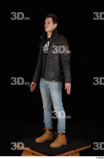 Whole Body Man White Shirt T shirt Jeans Jacket Slim Standing Studio photo references