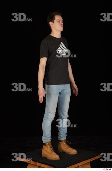 Whole Body Man White Shirt T shirt Jeans Slim Standing Studio photo references