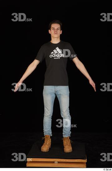 Whole Body Man White Shirt T shirt Jeans Slim Standing Studio photo references